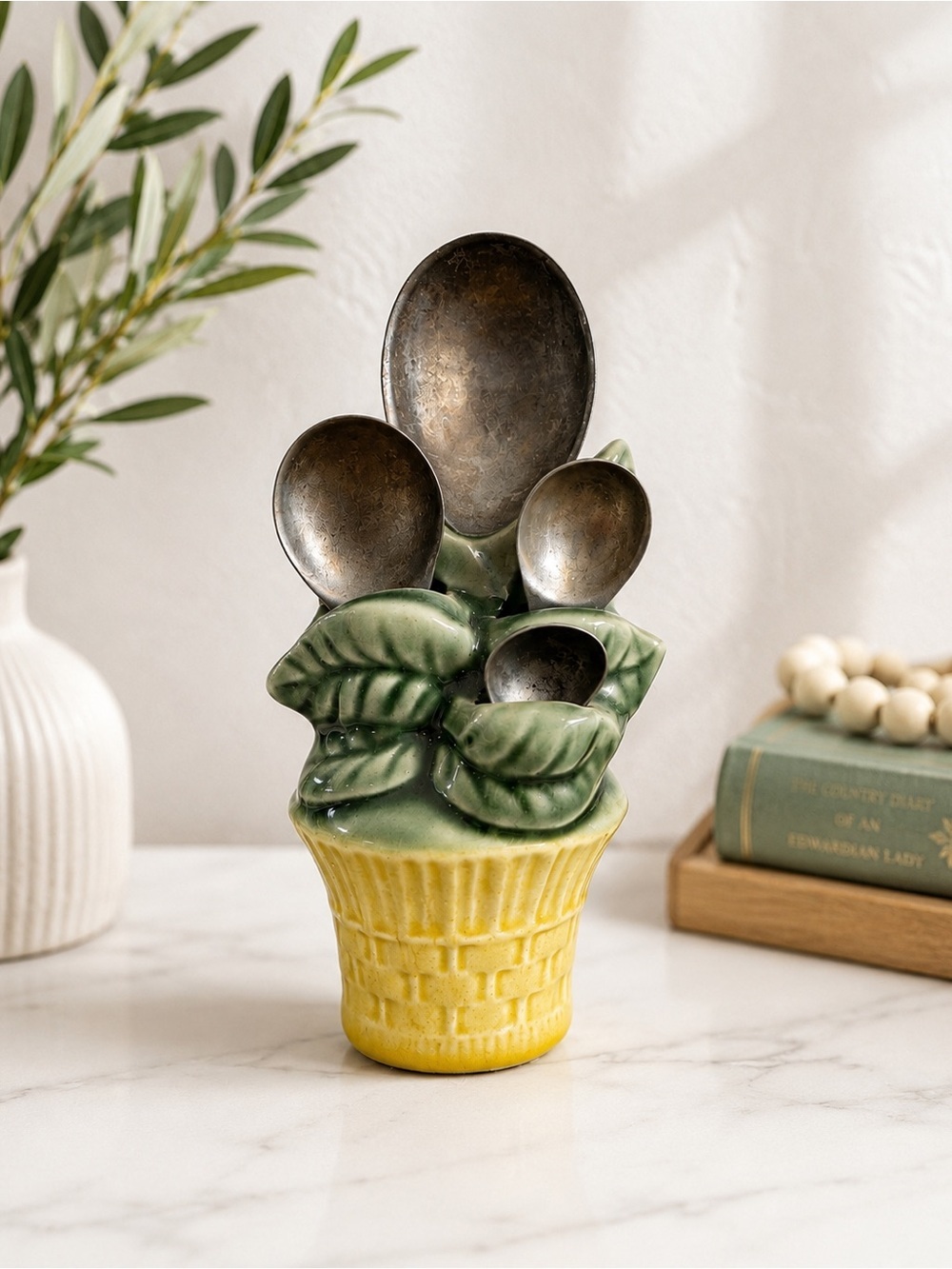 Vintage Ceramic Measuring Spoon Holder Set Green Yellow Retro Kitchen